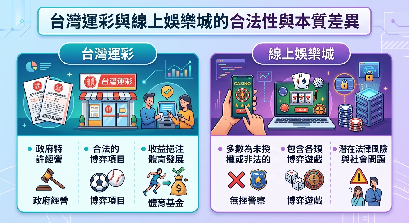 這張圖片採用雙欄對比圖解設計，主題為「台灣運彩與線上娛樂城的合法性與本質差異」。 左側藍色區域展示政府特許經營的台灣運彩與體育基金，右側紫色區域則呈現未授權線上娛樂城的多樣賭博遊戲與法律風險。