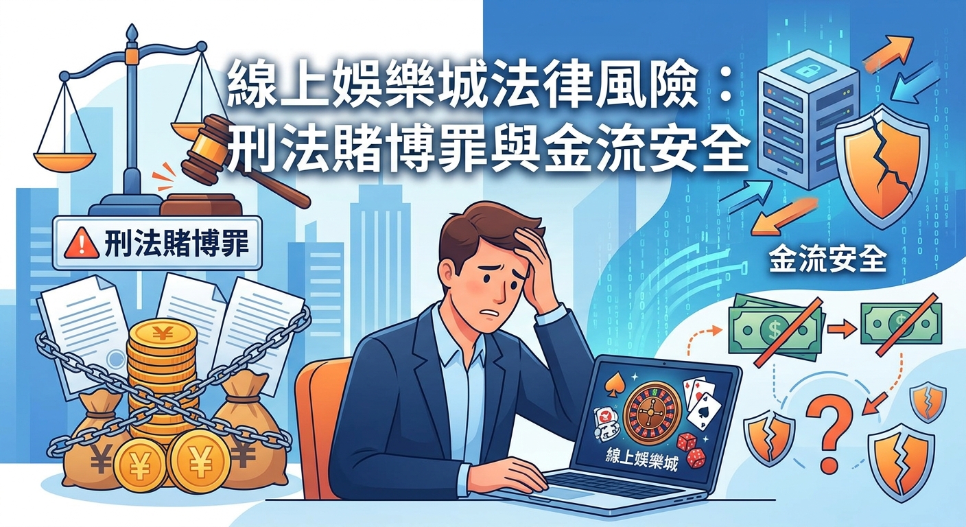 這張圖片呈現一位男子看著電腦上的線上賭博畫面，露出憂慮的神情。 背景結合法官鎚、法律文書與數位金流防護罩等元素，點出網路賭博罪的法律風險與資金安全問題。